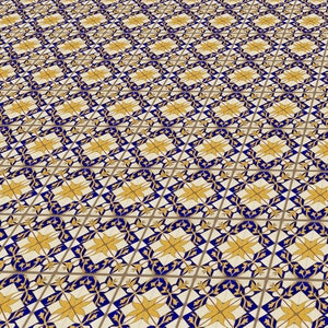 May include: A repeating pattern of square ceramic tiles featuring a central yellow four-pointed star motif surrounded by a dark blue geometric border on a white background, arranged in a grid formation across the entire surface area.