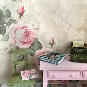 Dollhouse Miniature Wallpaper Shabby Cottage Roses - 4 Files - 1:12 Scale DIGITAL DOWNLOAD