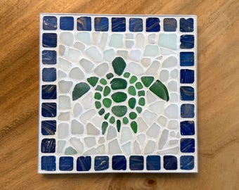 Puerto Rico Seaglass Mosaic - Sea Turtle and seaglass tile 8" x 8" in contemporary aluminum frame
