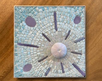 Puerto Rico Seaglass Mosaic - Sea Urchin, sea glass and smalti - 6" x 6" abstract mosaic in contemporary aluminum frame