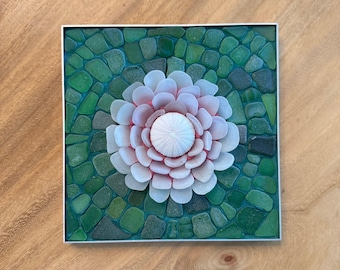 Puerto Rico Seaglass Mosaic - White Lotus sea urchin flower design 8" x 8" in contemporary aluminum frame