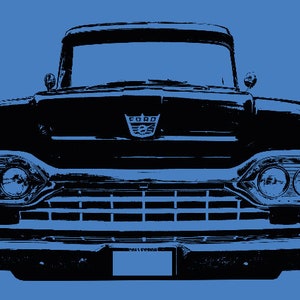 May include: Black and white silhouette of a vintage Ford pickup truck with a chrome grille and headlights. The truck has a large "FORD" emblem on the front.