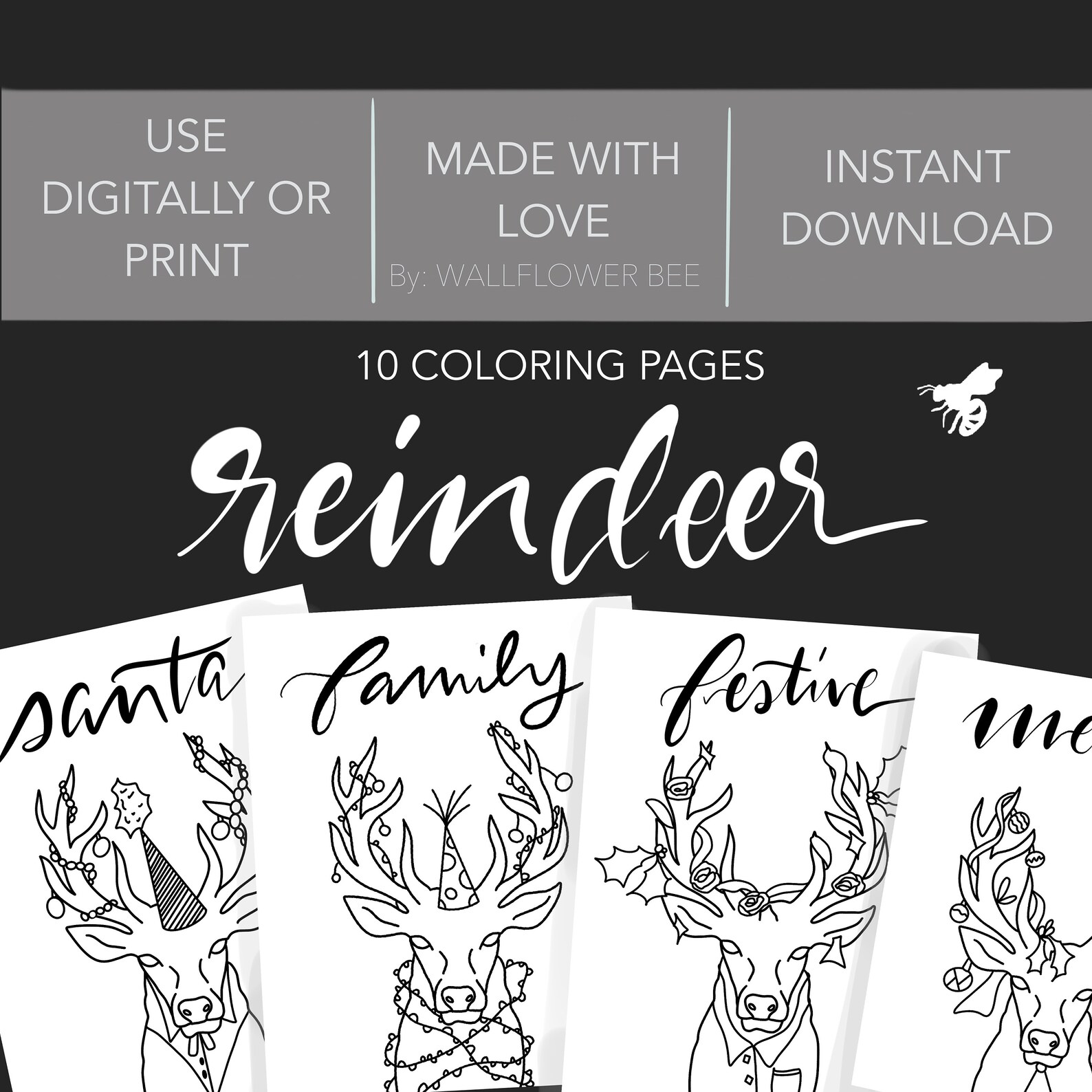 10 Reindeer Coloring Pages Christmas Adult Coloring Book Etsy