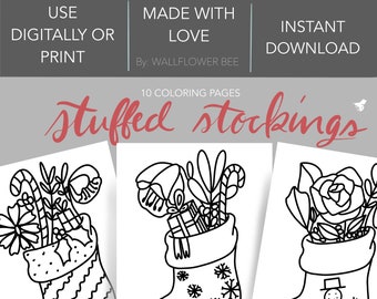 10 Digital Coloring Pages | Unique Christmas Stocking | Print Coloring Pages | Adult Coloring Pages | Coloring Book for kids | Stocking Tags