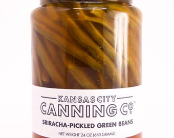 Sriracha Pickled Green Beans Handmade, addictive, tangy and spicy pickles. Fan favorite, great for parties and cheese pairings and snacking