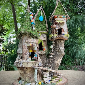 Triple Fairy House, handmade fairy house, personalized gift, custom made - “Unsere philosophie ist freundlichkeit” - fairy lights optional