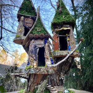 Triple Fairy House, handmade fairy house, personalized gift, custom made - Happiness Acres - Fairy lights optional
