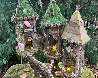 Triple Fairy House, handmade fairy house, personalized gift, custom made - “Millie’s Fairy Tree House” - fairy lights optional