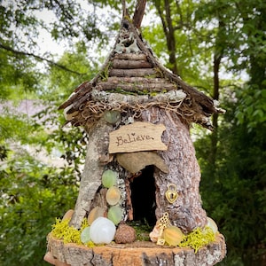 Medium Fairy House, handmade fairy house, personalized gift, custom made - Believe - Fairy lights optional