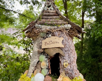 Medium Fairy House, handmade fairy house, personalized gift, custom made - Believe - Fairy lights optional