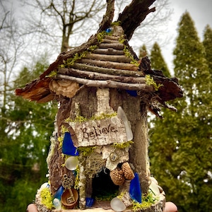 Medium Fairy House, handmade fairy house, personalized gift, custom made - Believe - Fairy lights optional