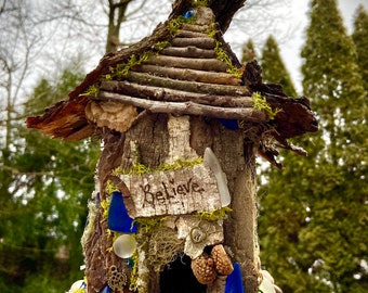 Medium Fairy House, handmade fairy house, personalized gift, custom made - Believe - Fairy lights optional