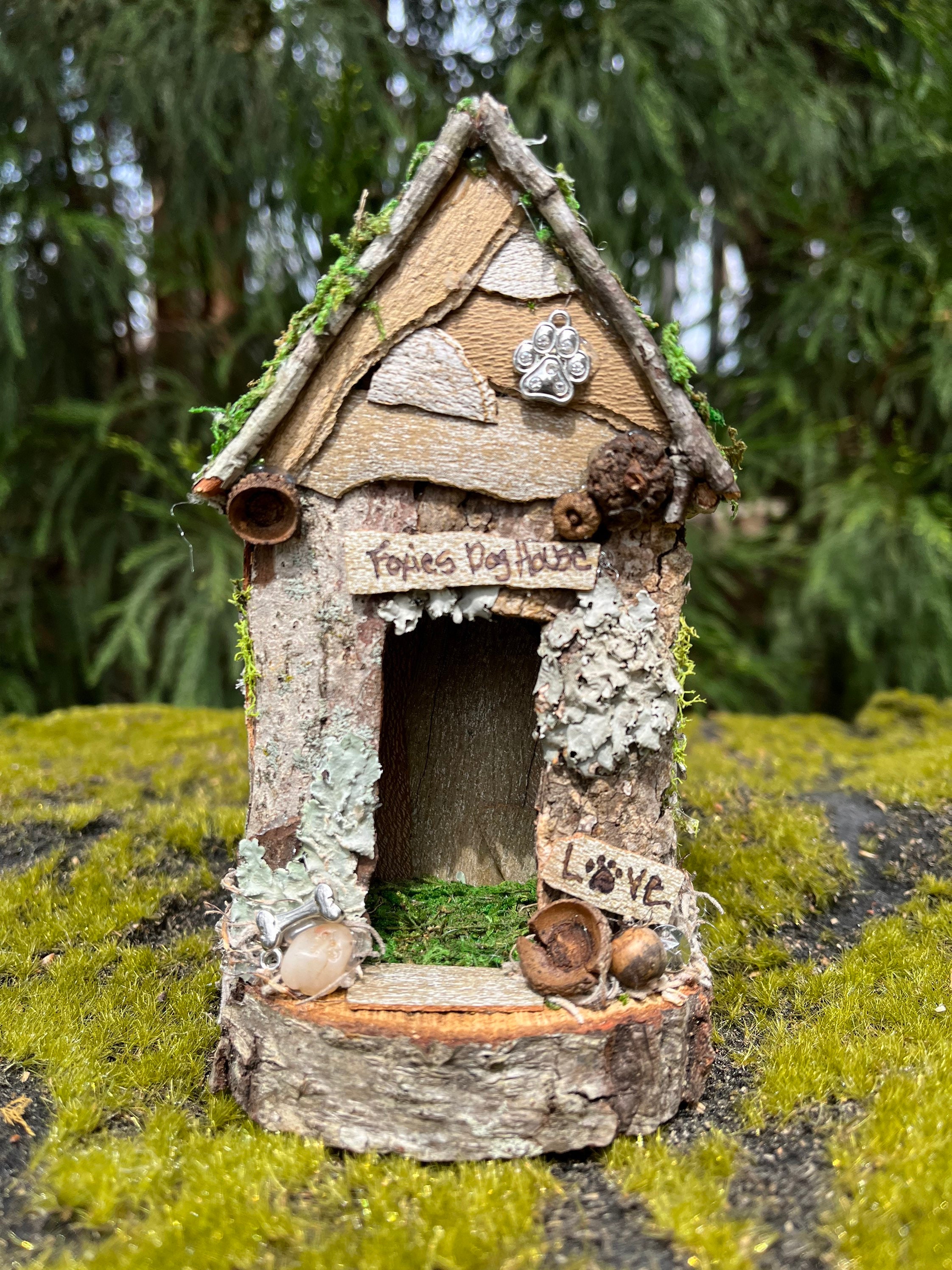 Handmade Fairy Dog House, Personalized Pet Memorial, Natural Bark Wood ...
