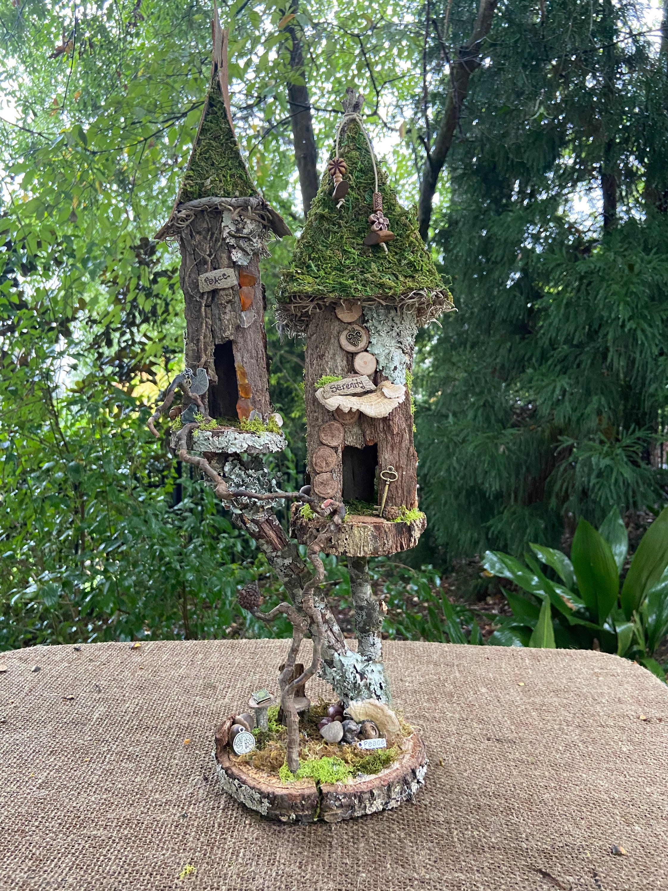 Double Fairy House, Handmade Fairy House, Personalized Gift, Custom Made - Peace & Serenity Lights Optional