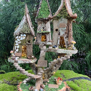 Triple Fairy House, handmade fairy house, personalized gift, custom made - “Nature’s Ability” - fairy lights optional