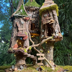 Triple Fairy House, handmade fairy house, personalized gift, custom made - custom order - fairy lights optional