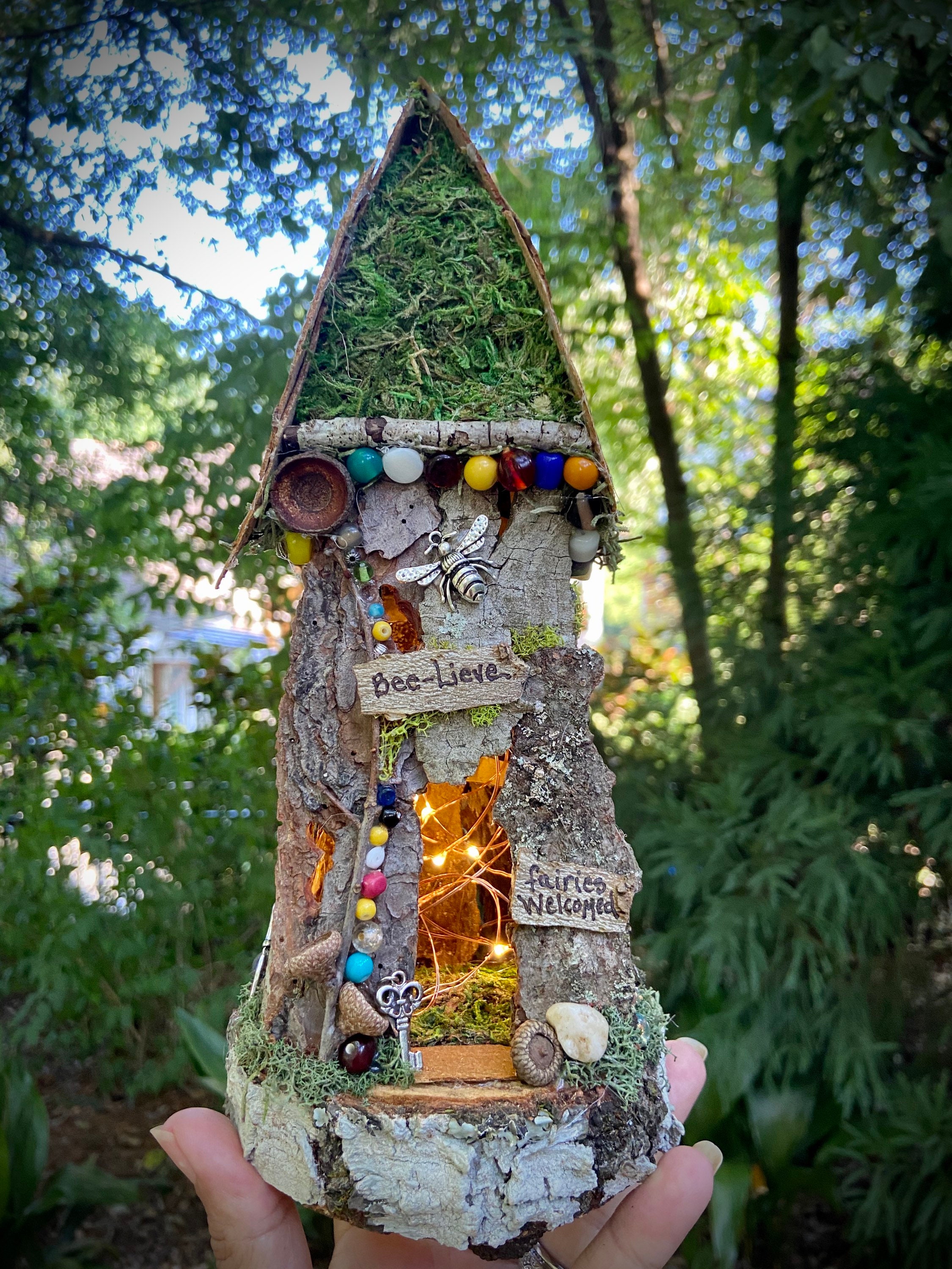 Small Fairy House, Handmade Fairy House, Personalized Gift, Custom Made, Lights | Optional - Bee-Lieve