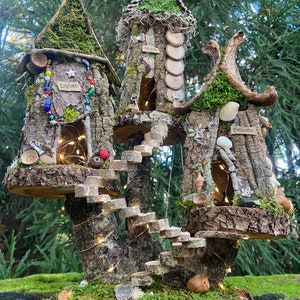 Triple Fairy House, handmade fairy house, personalized gift, custom made - “Explore•Dream•Believe” - fairy lights optional