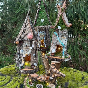 Handmade fairy House, custom made, personalized gift “Fairies Welcome” - triple, fairy lights optional