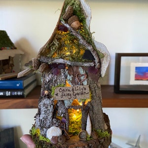 May include: A miniature fairy house crafted from bark and moss, featuring a sign that reads "Cara & Lily's Fairy Garden". The house has a small door and windows, and is illuminated with fairy lights.