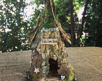 Mini Fairy House, handmade fairy house, personalized gift, custom made gift - Love Lives Here - fairy lights optional