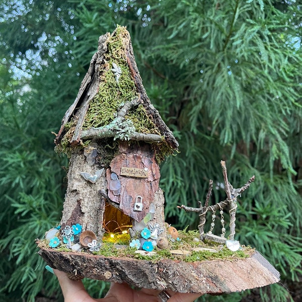 Handmade Fairy House with swing, custom made, personalized gift, fairy lights, in memorian, birthday gifts for her, fairy garden.“Everleigh”