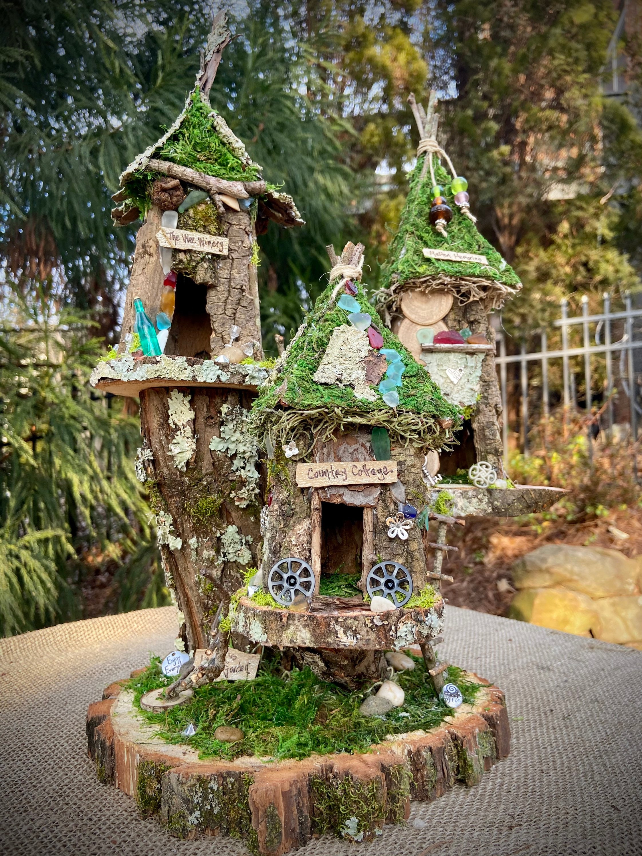 Triple Fairy House, Handmade Fairy House, Personalized Gift, Custom Made - Lanita's House Custom Order Lights Optional