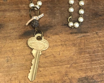 Vintage Key on Pearl Necklace