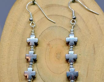 Silver Cross with Bead Earrings