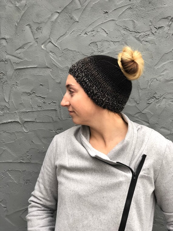 Black And Gray Messy Bun Ponytail Hat Knit Hat Warm Hat Etsy