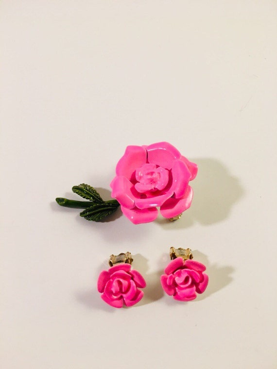 Vintage Enamel Pink Rose Brooch Earring Set