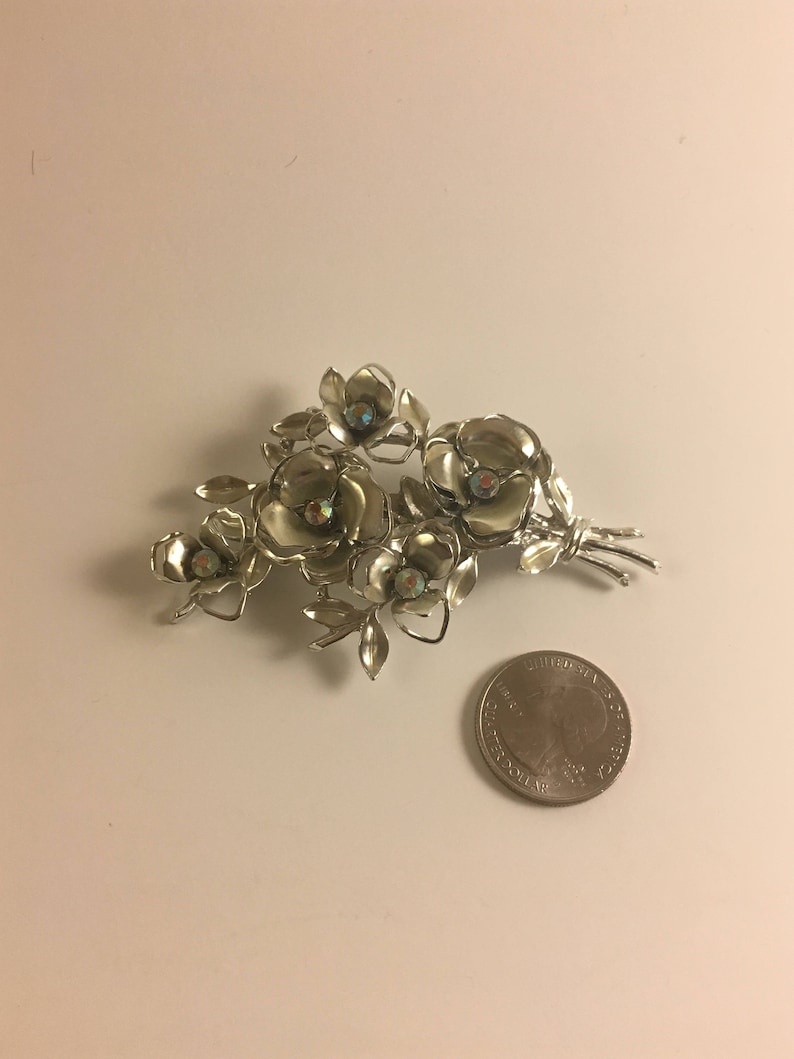 Vintage Coro Floral Silver Brooch and Earring Set Rose Shape with Aurora Borealis Rhinestones Vintage Jewelry
