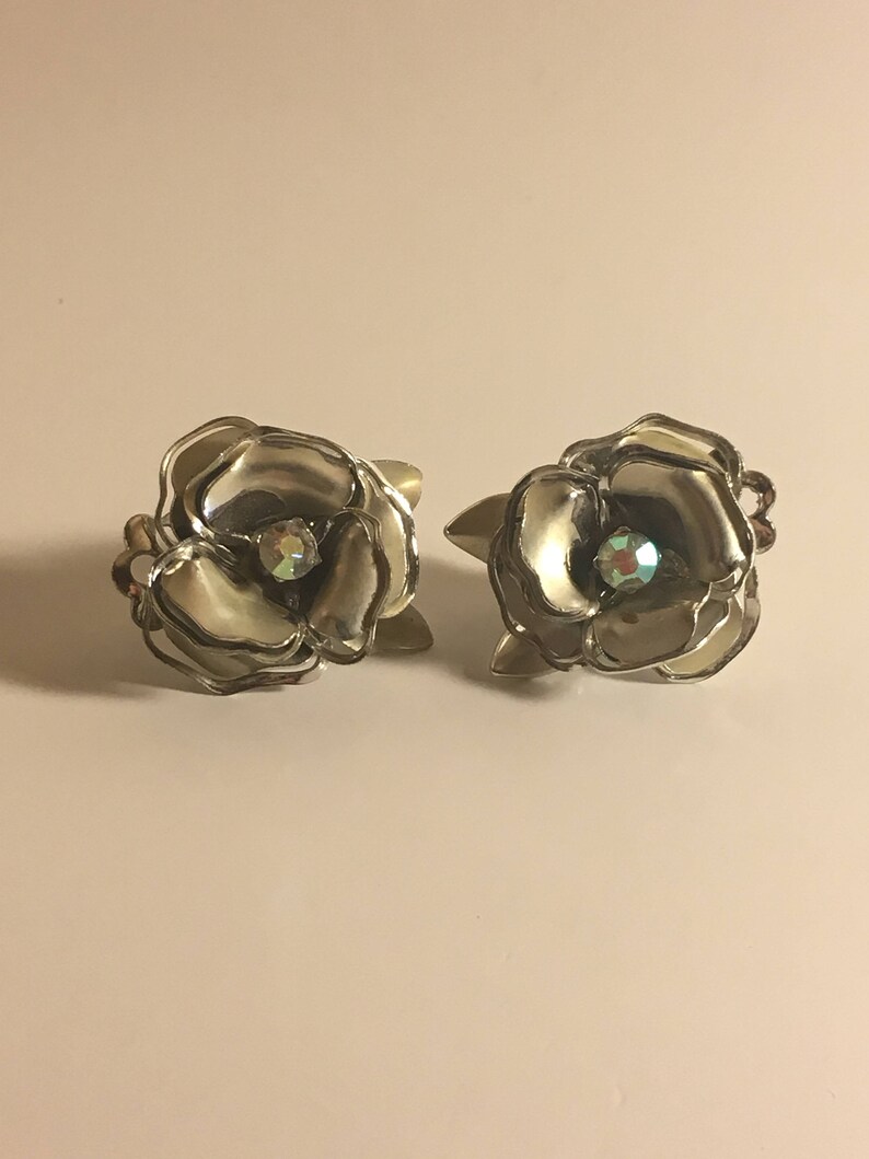 Vintage Coro Floral Silver Brooch and Earring Set Rose Shape with Aurora Borealis Rhinestones Vintage Jewelry