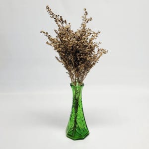 Jarrón vintage de cristal Hoosier verde con forma de estrella hexagonal y flores, ideal para decoración rústica.