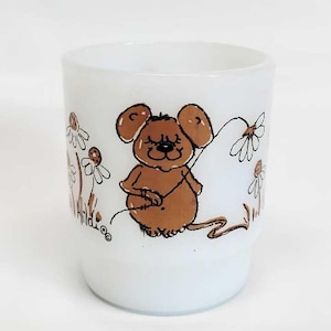 Vintage Fire-King Hildi Mouse Mug - White Milk Glass Stackable Coffee Cup - 1970s Retro Kitchenware - Anchor Hocking Hildi Mouse and Daisy