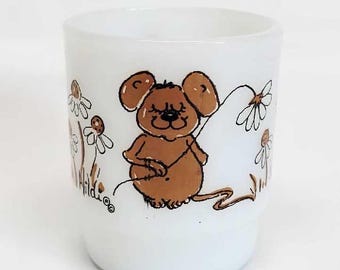 Vintage Fire-King Hildi Mouse Mug - White Milk Glass Stackable Coffee Cup - 1970s Retro Kitchenware - Anchor Hocking Hildi Mouse and Daisy