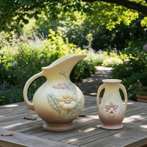 May include: A cream-coloured ceramic pitcher and a matching two-handled vase, both featuring embossed floral designs with soft pink and green accents. The pitcher has a wide spout and a curved handle, while the smaller vase has a slender neck.