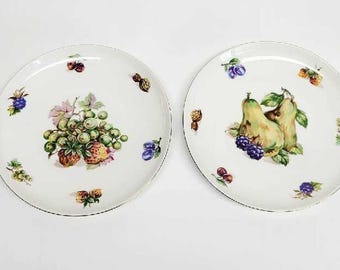 Vintage Toscport Czechoslovakia Fine China Fruit Plates - Set of 2 - Pear & Grape Motif - Bohemian Porcelain Salad Plates - Gold Trimmed