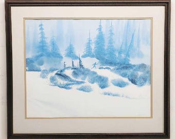 Original Watercolor Winter Landscape - Misty Blue Forest Painting, Minimalist Snow Scene Wall Art, Framed Serene Nature Decor Bill Alexander