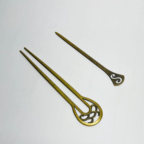 Vintage Brass Hair Fork & Stick Set: Ornate Scrollwork Bun Holder – Boho Medieval Style Accessories