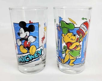 Vintage Disney Anchor Hocking Glasses Set | Winnie the Pooh "What's Cooking" & Mickey Mouse | 16oz Drinking Tumblers | 90s Disney