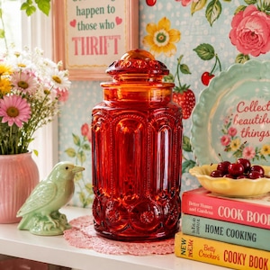 Vintage Red Glass Canister - Etsy