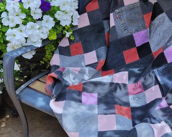 Denim Picnic Blanket, Upcycled Jean Quilt, 5x5 Feet, Red and Pink