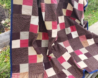 Denim Picnic Blanket, Upcycled Jean Quilt, 5x5 Feet, Chocolate and Maroon Checkers