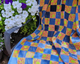 Denim Picnic Blanket, Upcycled Jean Quilt, 5x5 Feet, Yellow Pink Floral