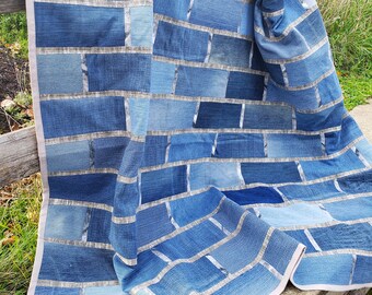 Quilt - Upcycled Denim - Brick Wall, Solid Back