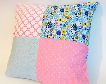 Floral Pink and Blue Spring/Summer Patchwork Cushion Cover