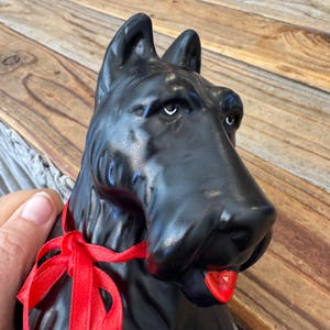 Puede incluir: Figura de cerámica negra de un Scottish Terrier con una cinta roja y una lengua roja. El perro tiene ojos blancos y está sobre un fondo de madera.