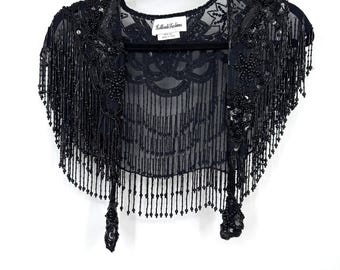 Vintage 20s flapper Style Shawl Capelet Collar Beaded Sequin Black Boho Floral ties have star shape ends bohemian festival