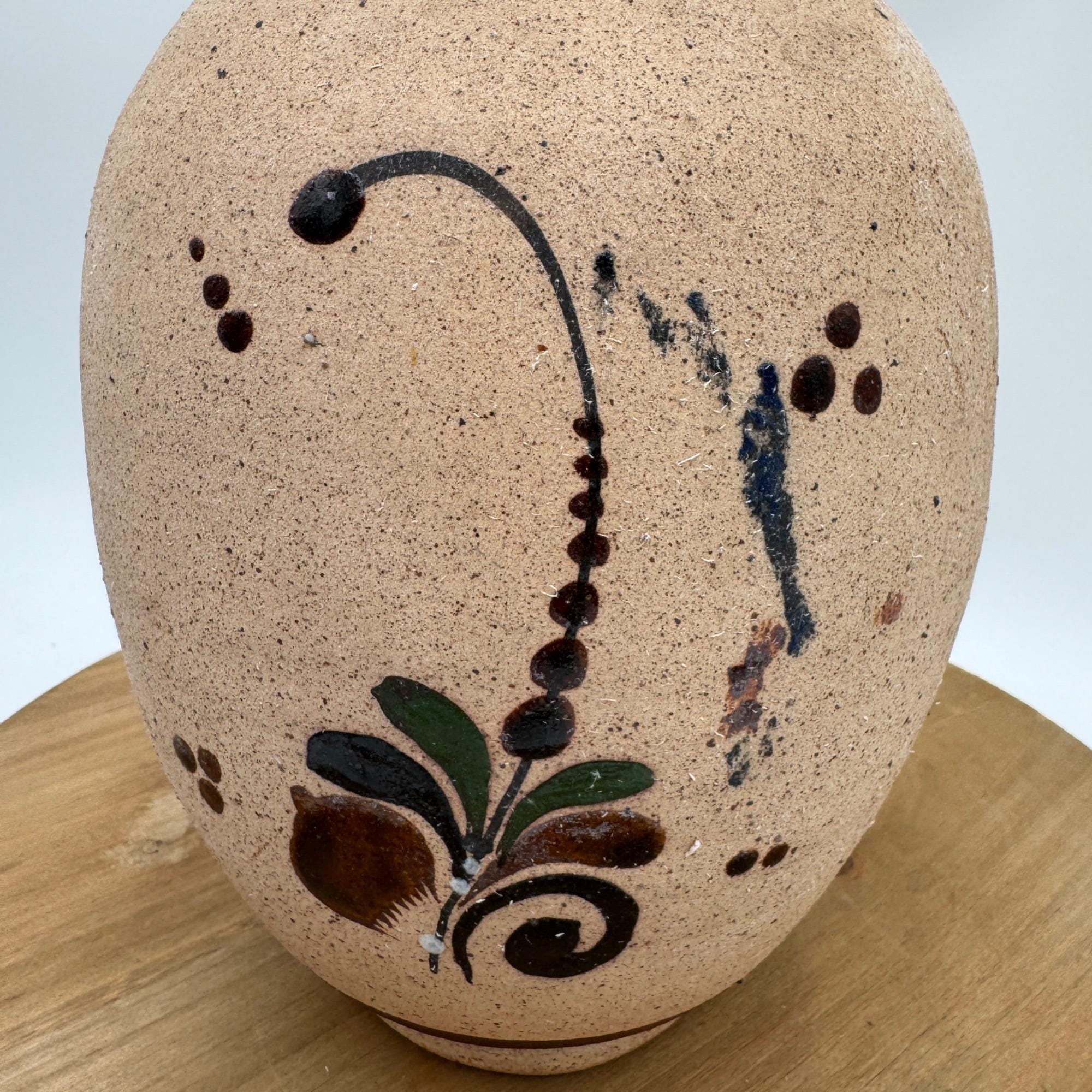 手描き 鳥と花 陶器 花瓶（トナラ焼） ヴィンテージ トナラ陶器花瓶、手描きの鳥と花のデザイン、サイン入り